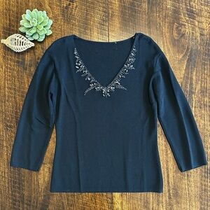 Classic Vintage Black V-neck Beaded Knit Sweater